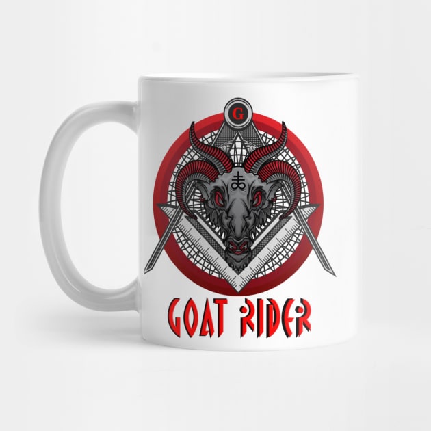 GOAT RIDER Black Baphomet Goat Head over Compass and Square in a Red Circle with a Red G by hclara23